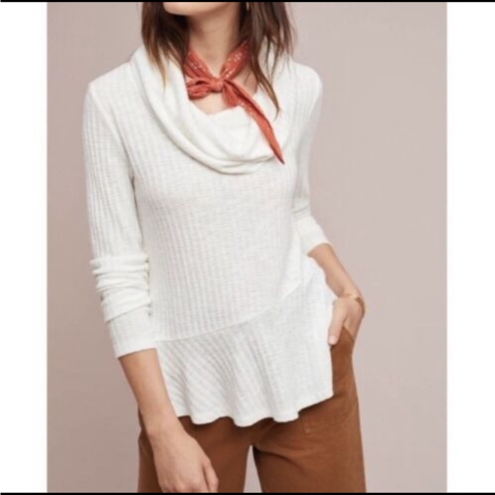 Anthropologie Maeve Ivory Cowl Neck Peplum Thin Knit Long Sleeve Top